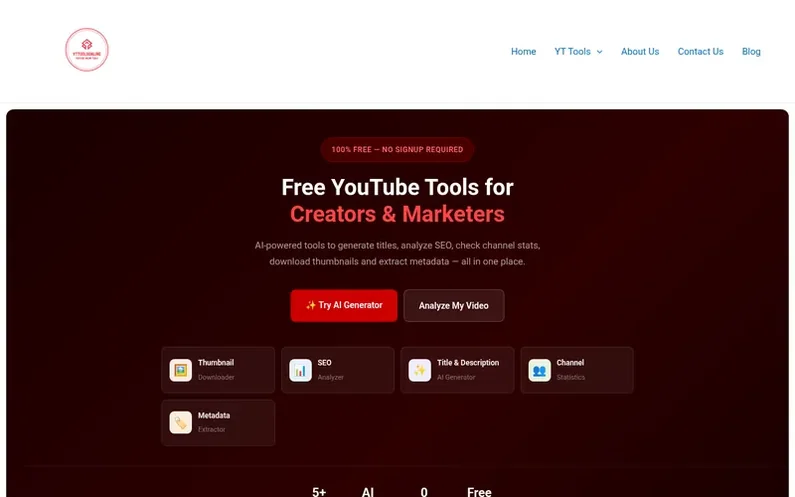 Screenshot of the YT Tools Online homepage