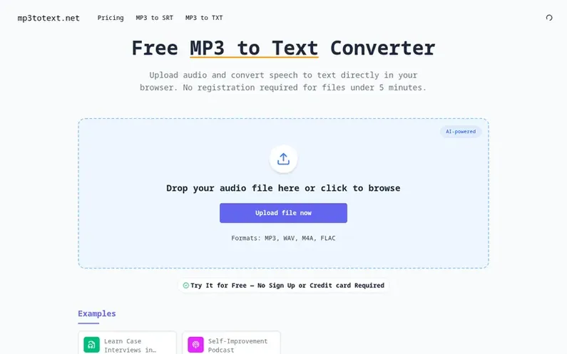 Screenshot of the MP3 to Text homepage