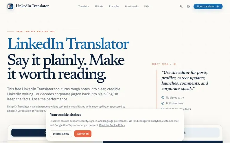 Screenshot of the LinkedIn Translator homepage