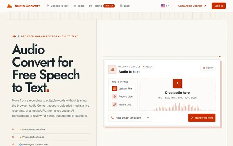 Screenshot of the Audio Convert homepage