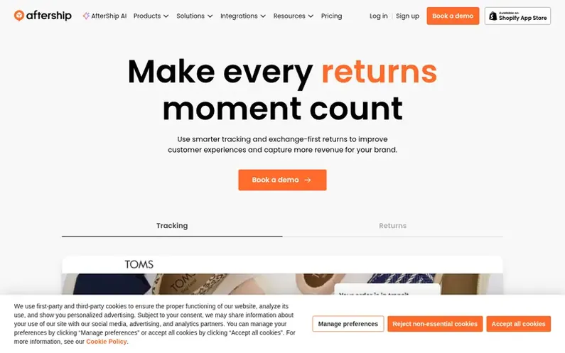 Screenshot of the AfterShip homepage