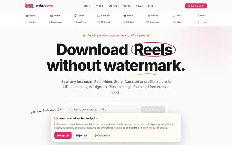 Screenshot of the Instapdown homepage