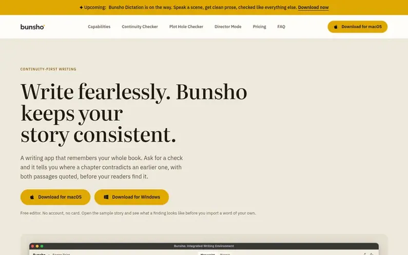 Screenshot of the Bunsho homepage