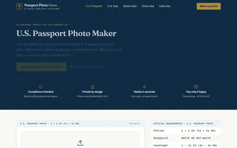 Screenshot of the Passport Photo Guru homepage