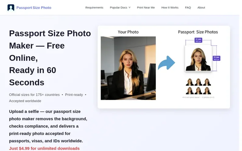 Screenshot of the Passport Size Photo homepage