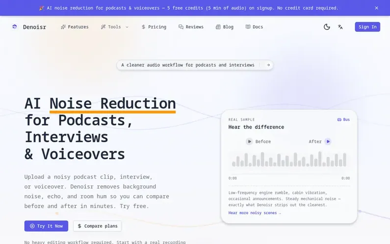 Screenshot of the Denoisr homepage