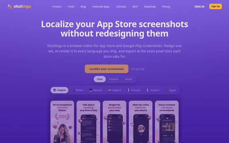 Screenshot of the Shotlingo homepage