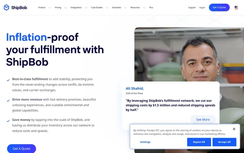 Screenshot of the ShipBob homepage