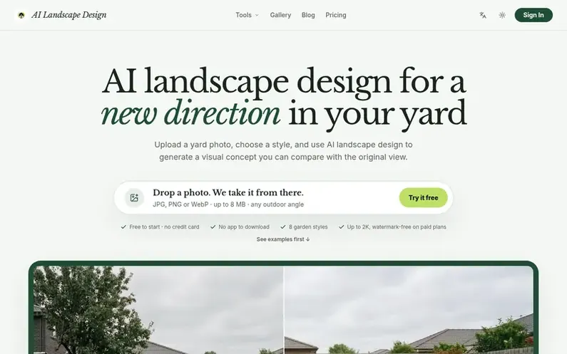 Screenshot of the AI Landscape Design homepage