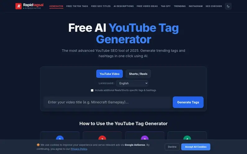 Screenshot of the RapidTagsAI homepage