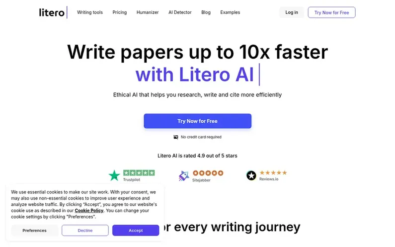 Screenshot of the Litero AI homepage