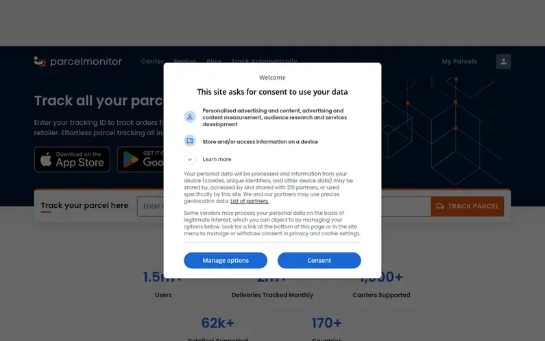 Screenshot of the Parcel Monitor homepage
