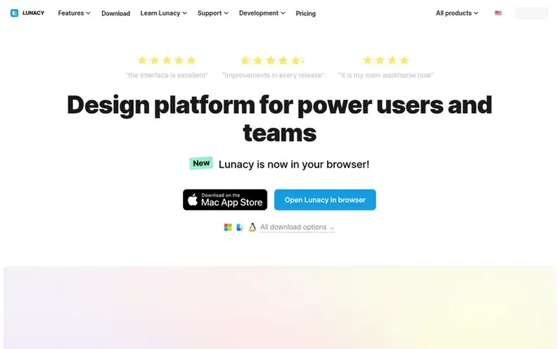 Screenshot of the Lunacy homepage