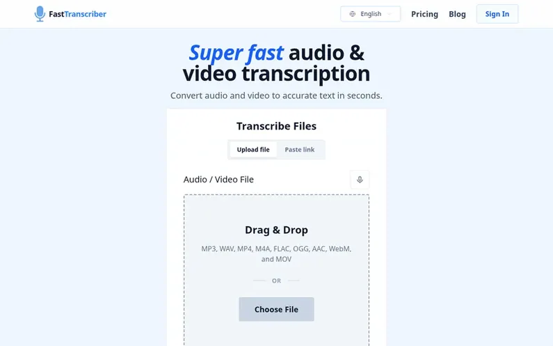 Screenshot of the FastTranscriber homepage