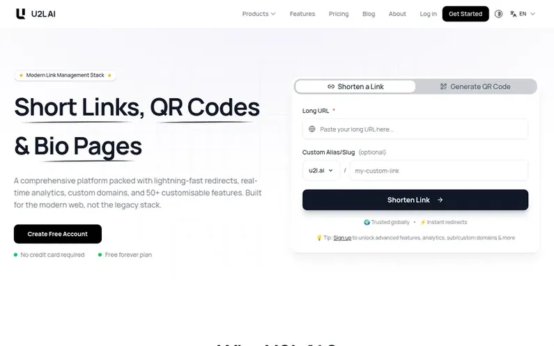 Screenshot of the U2L homepage