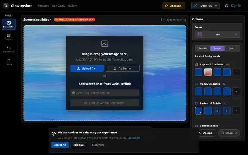 Screenshot of the Glowupshot homepage