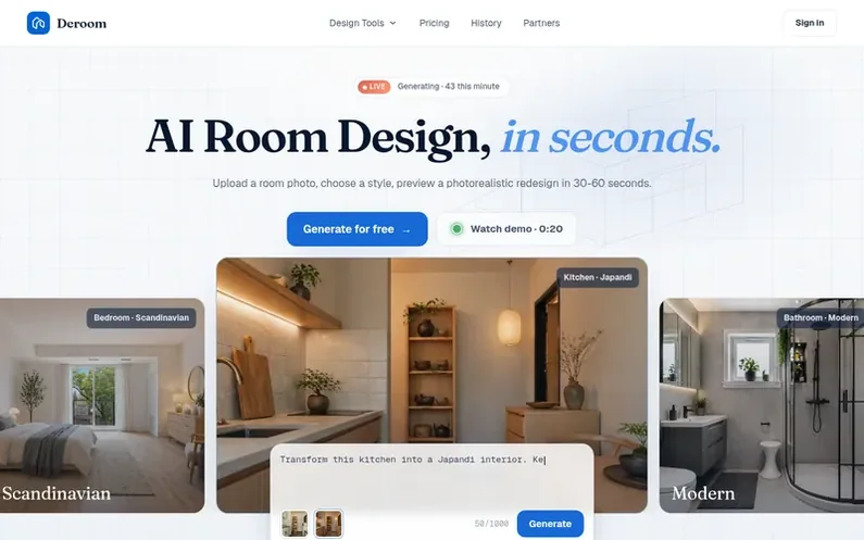Screenshot of the Deroom AI homepage
