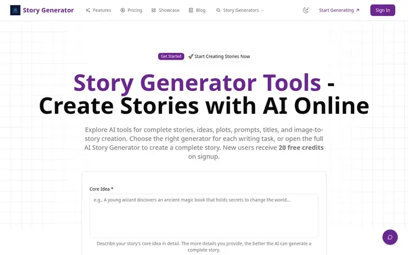 Screenshot of the AI Story Generator homepage