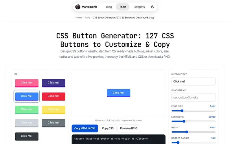 Screenshot of the CSS Button Generator homepage