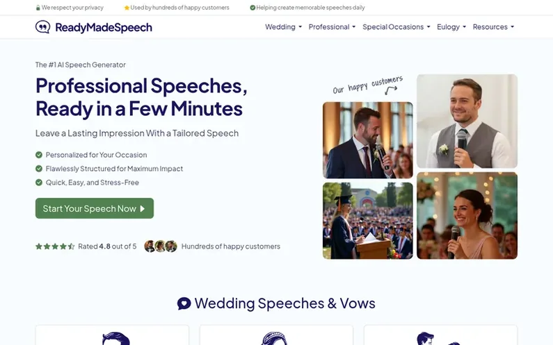 Screenshot of the ReadyMadeSpeech homepage