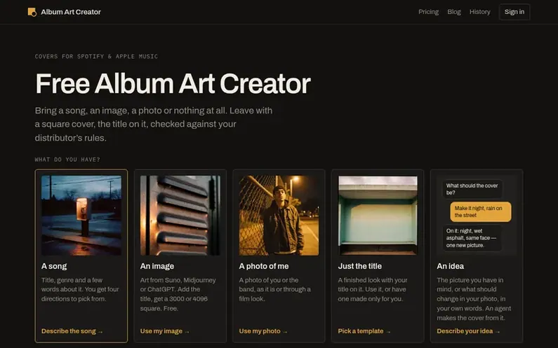 Screenshot of the Album Art Creator homepage
