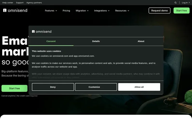 Screenshot of the Omnisend homepage