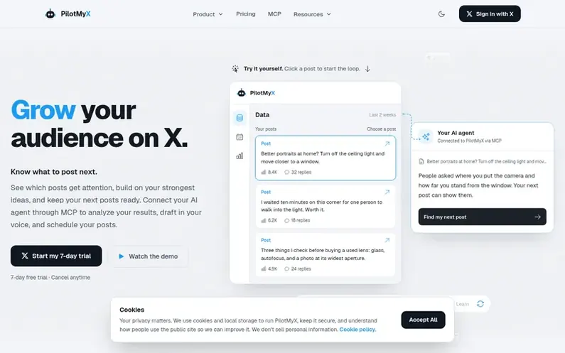 Screenshot of the PilotMyX homepage