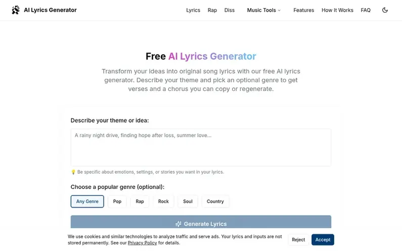 Screenshot of the LyricsGen homepage