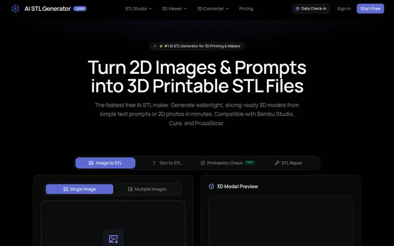 Screenshot of the AI STL Generator homepage