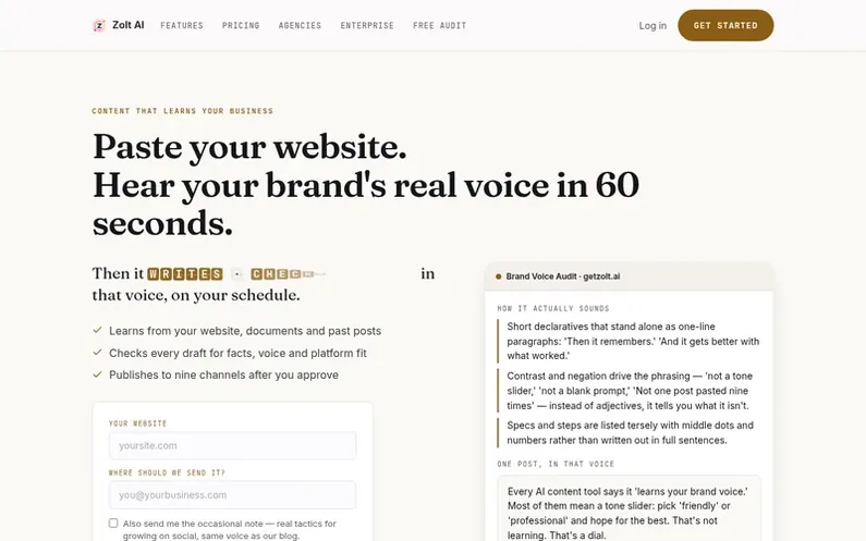 Screenshot of the Zolt AI homepage