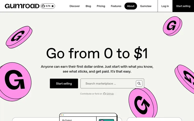 Screenshot of the Gumroad homepage