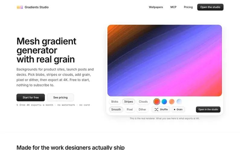 Screenshot of the Gradients Studio homepage