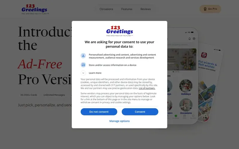 Screenshot of the 123Greetings homepage