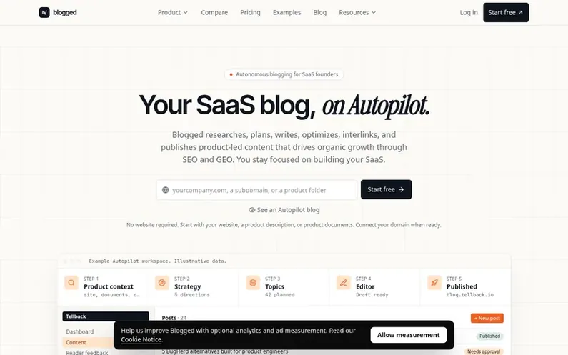 Screenshot of the Blogged homepage