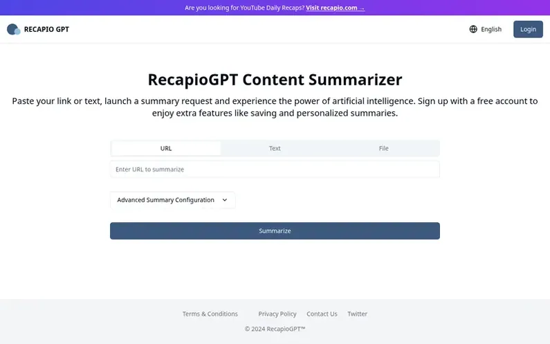 Screenshot of the RecapioGPT™ homepage