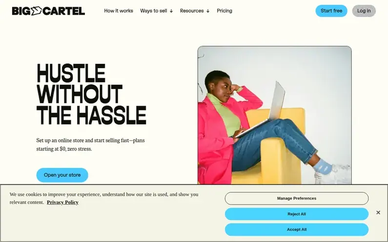 Screenshot of the Big Cartel homepage