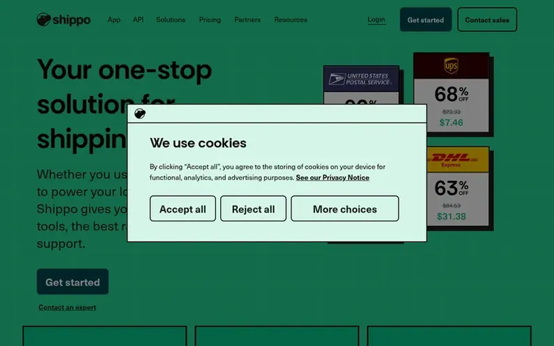 Screenshot of the Shippo homepage