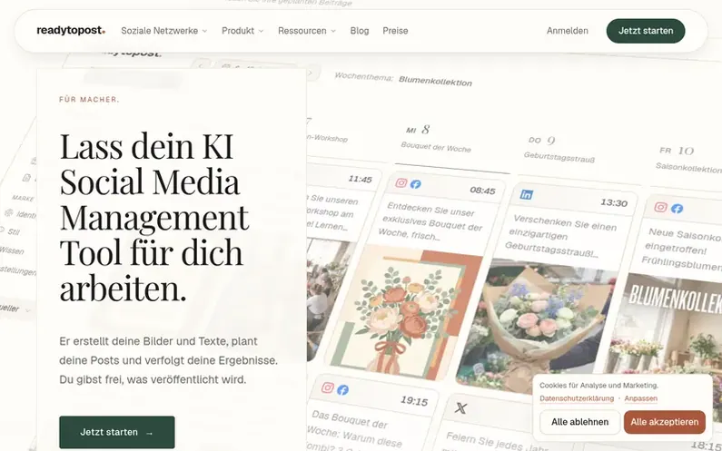 Screenshot of the ReadyToPost homepage