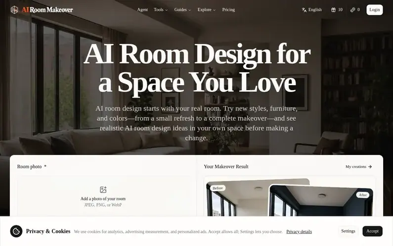 Screenshot of the AI Room Makeover homepage