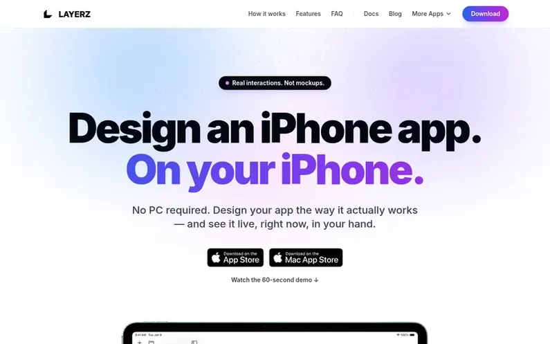 Screenshot of the Layerz homepage