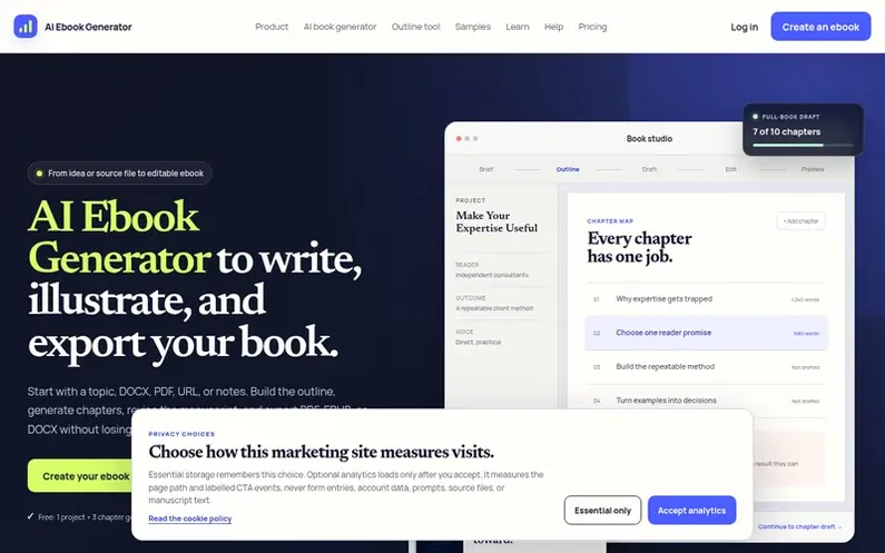 Screenshot of the AI Ebook Generator homepage