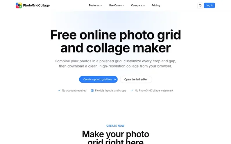 Screenshot of the PhotoGridCollage homepage