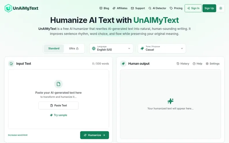 Screenshot of the UnAIMyText homepage