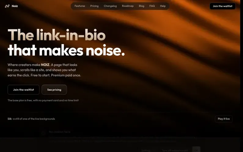 Screenshot of the Noiz homepage